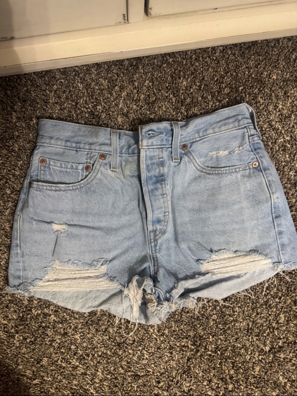 Levi’s Light Wash Distressed High-Rise Denim Shorts